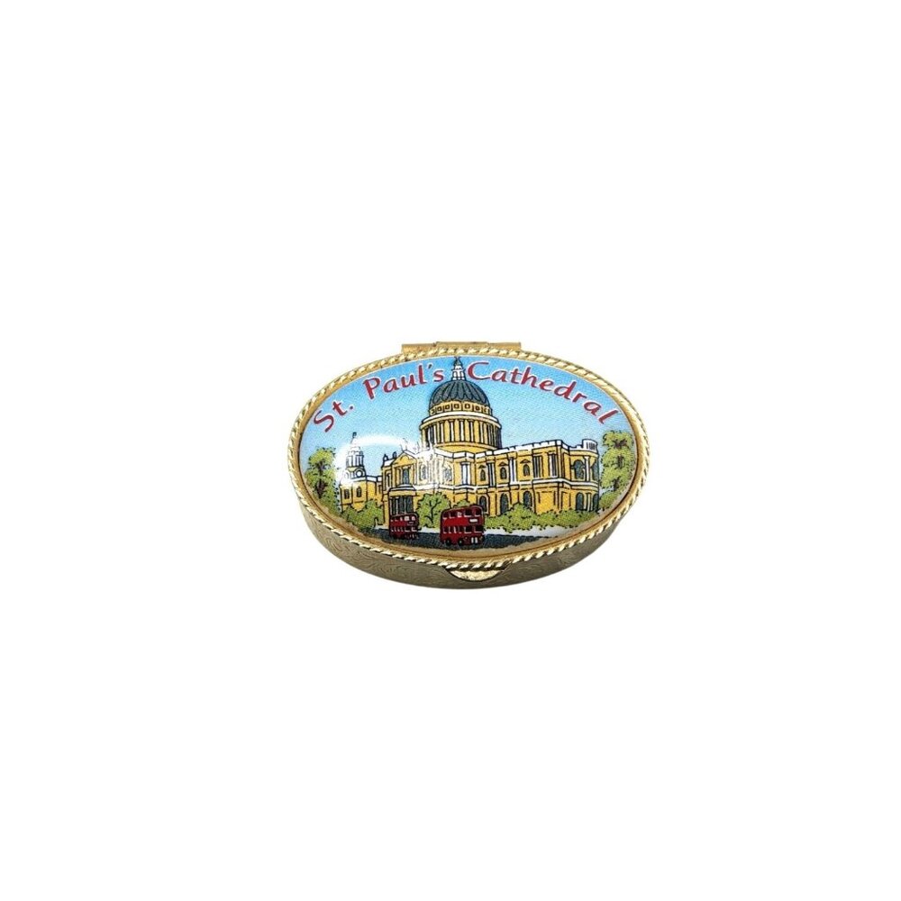 Vintage St.Pauls Cathedral Snuff Pill Box Gold Tone Gilt Ornated Porcelain Lid L